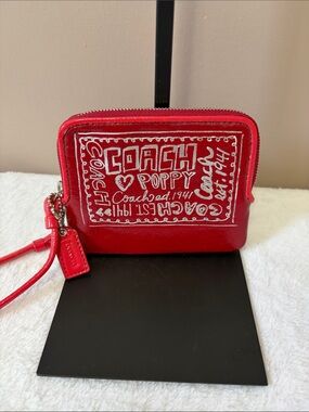 Coach Poppy Red Mini Zip Wristlet with White Logo Art